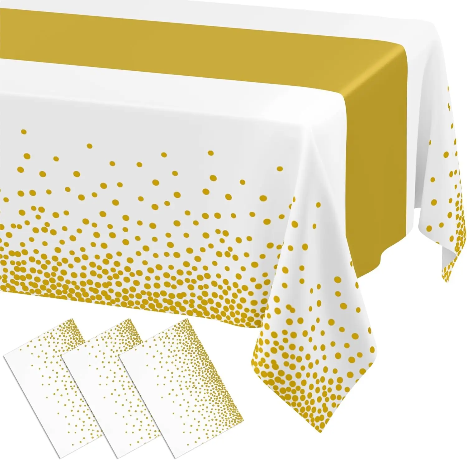 Plastic Table Cloth Disposable 3 Pack, 54 x 108 Inch Rectangle Waterproof Tablecloth, Printed Gold Table Runner Style for Birthd