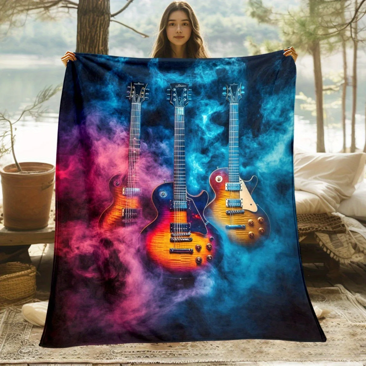 Vibrant Electric Guitar Rock Music Throw Blanket Cozy Sofa Couch Decor Gift 150x230cm Fleece Aesthetic Blanket