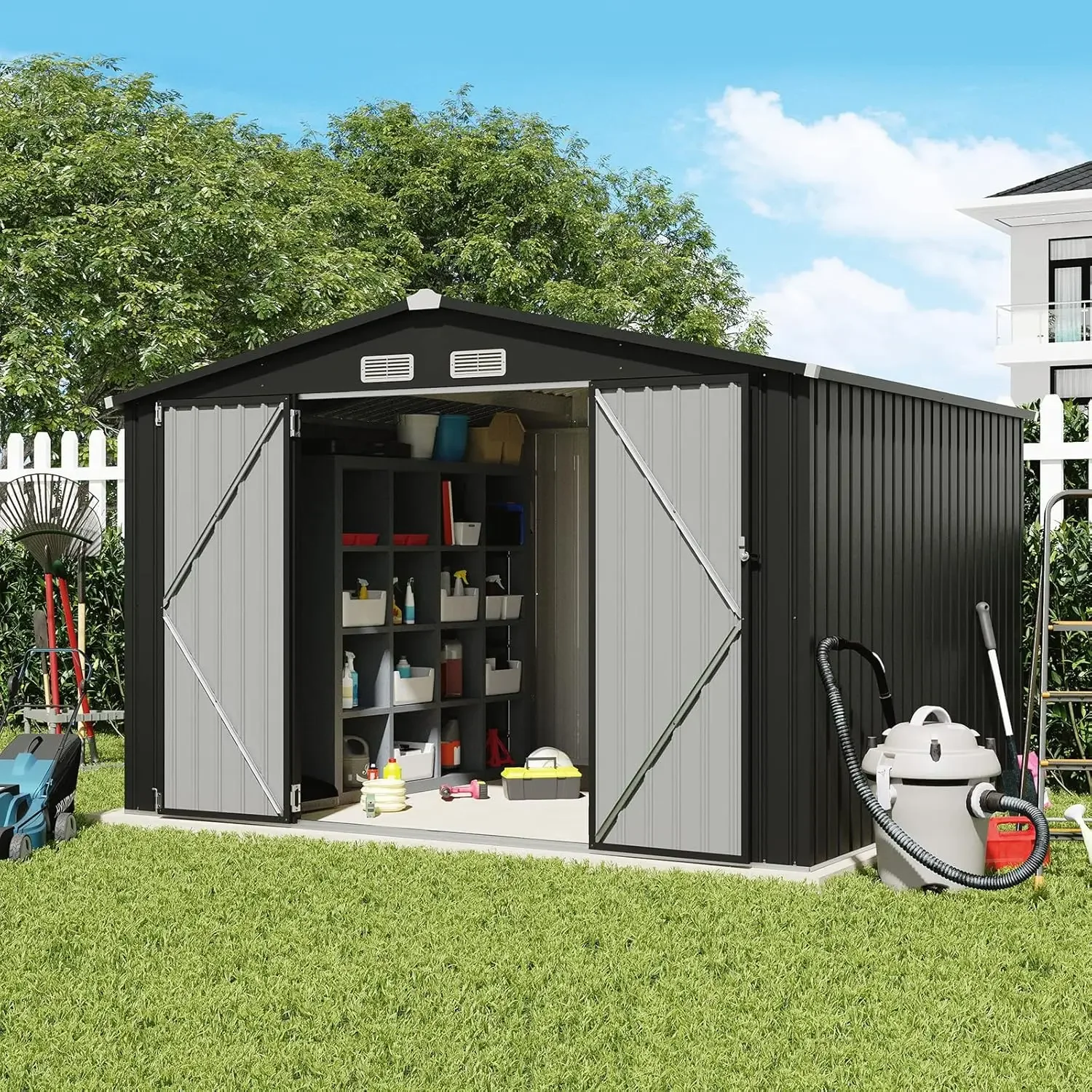 Verano Garden 8x10FT Outdoor Storage Shed House Large Galvanized Steel Metal Garden Shed Double Door W/Lock Backyard Patio Lawn