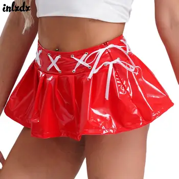 Mulheres molhado olhar couro patente plissado mini saia cruz rendas fita invisível zíper shorts minissaia rave festa clubwear