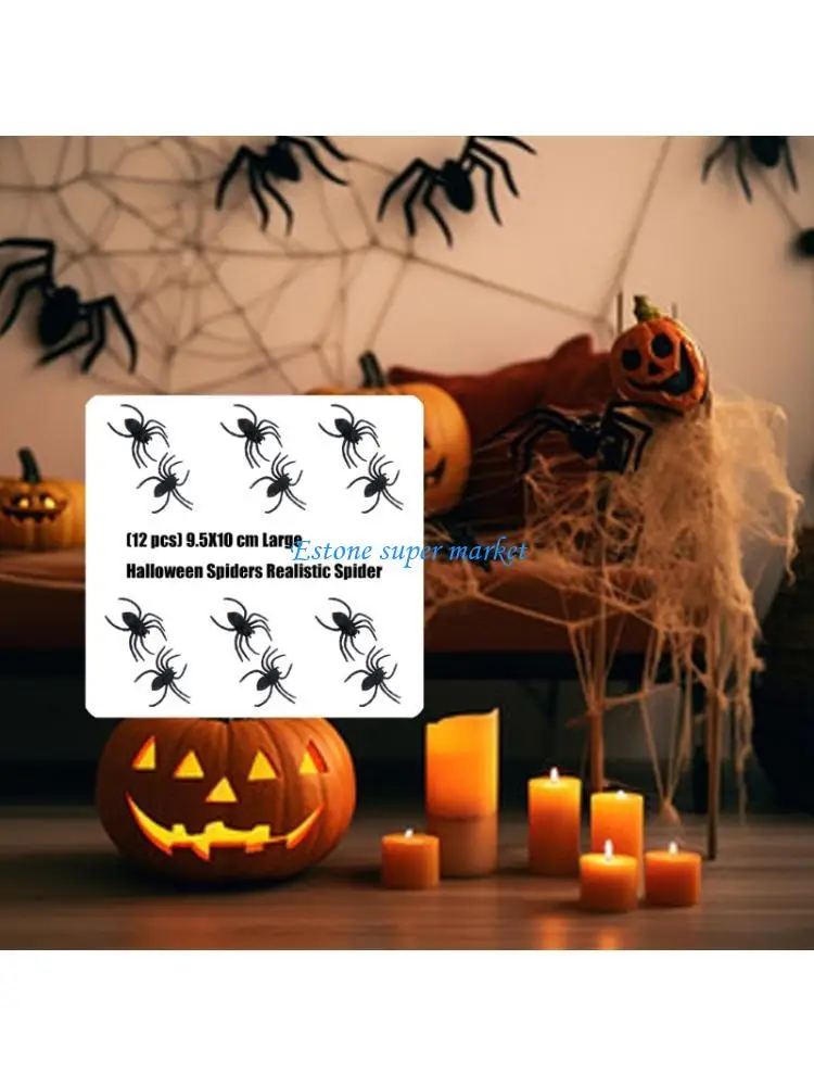 

090B Set of 12 Large Spiders Figurine Toy Halloween Decoration Supply for Haunted Web Display and Prank Gag Festival Setting