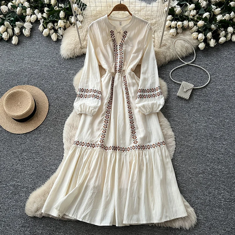 Böhmisches Maxikleid für Damen, Vintage-Stil, bestickt, langärmelig, Schleife, A-Linie, Swing-Kleid, Herbst, Frühling, lockere Passform, weibliches Vestido DS540