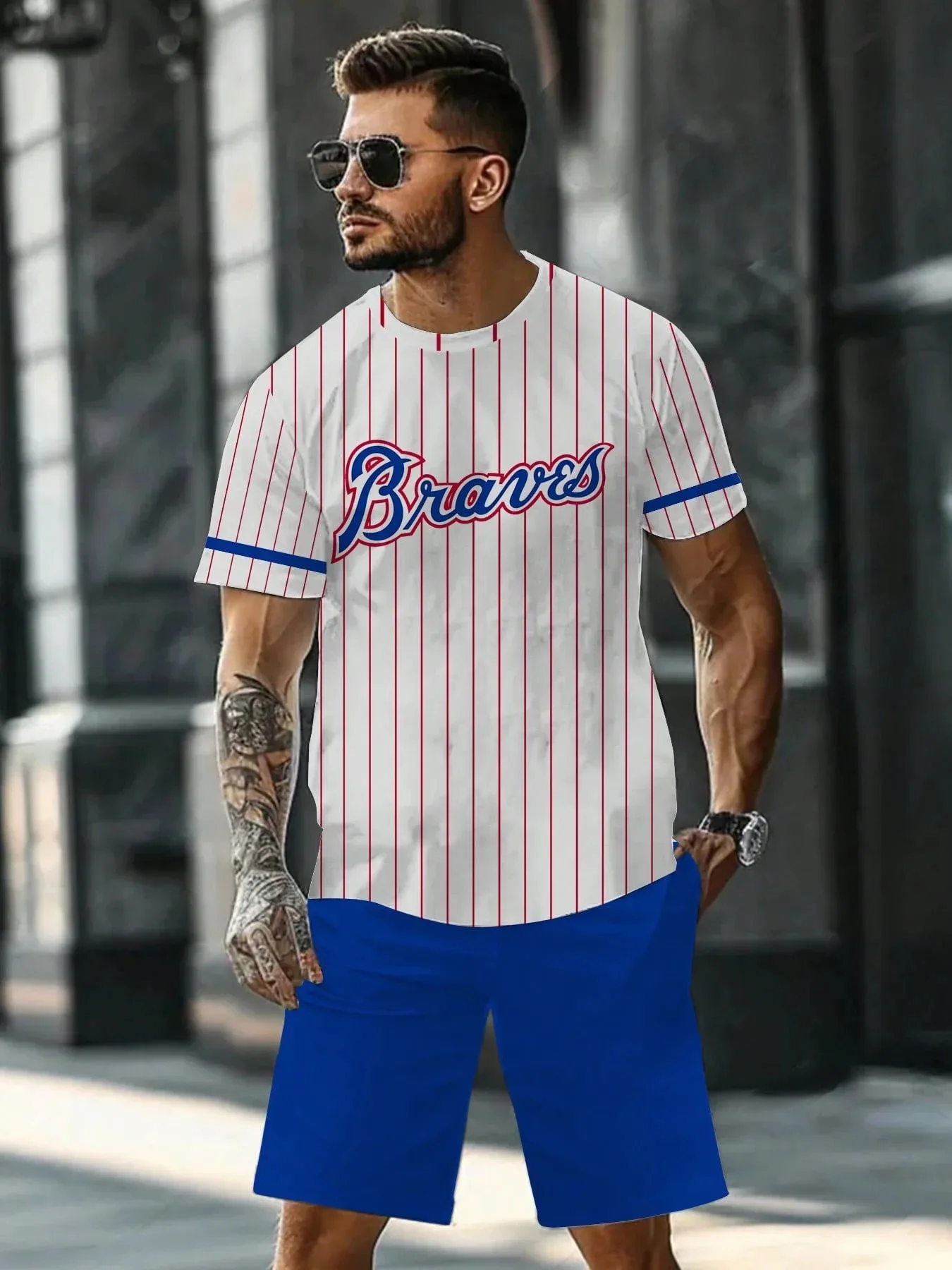 

2026 Summer New Men's Short-Sleeved Shorts Set with 3D Stripes Pattern Print - Street Casual Fashion Comfortable and Soft