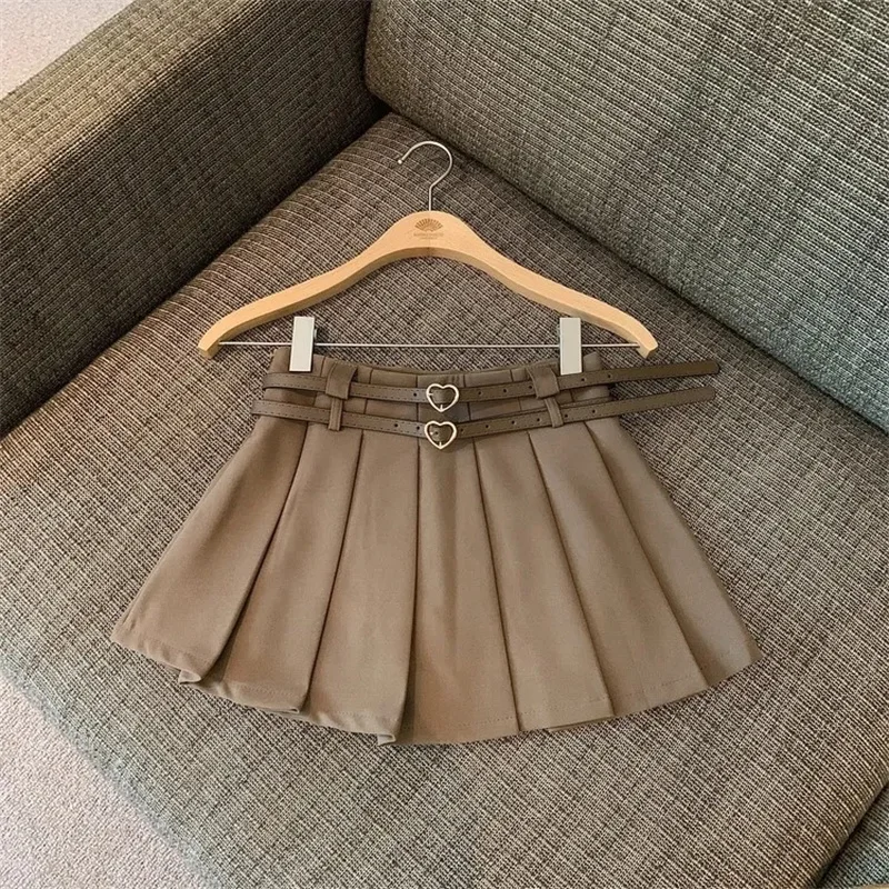 Mini jupe plissée pour femmes, avec ceinture double cœur, pour adolescentes, taille haute, jupe de Tennis, tenue d'été Preppy Y2K