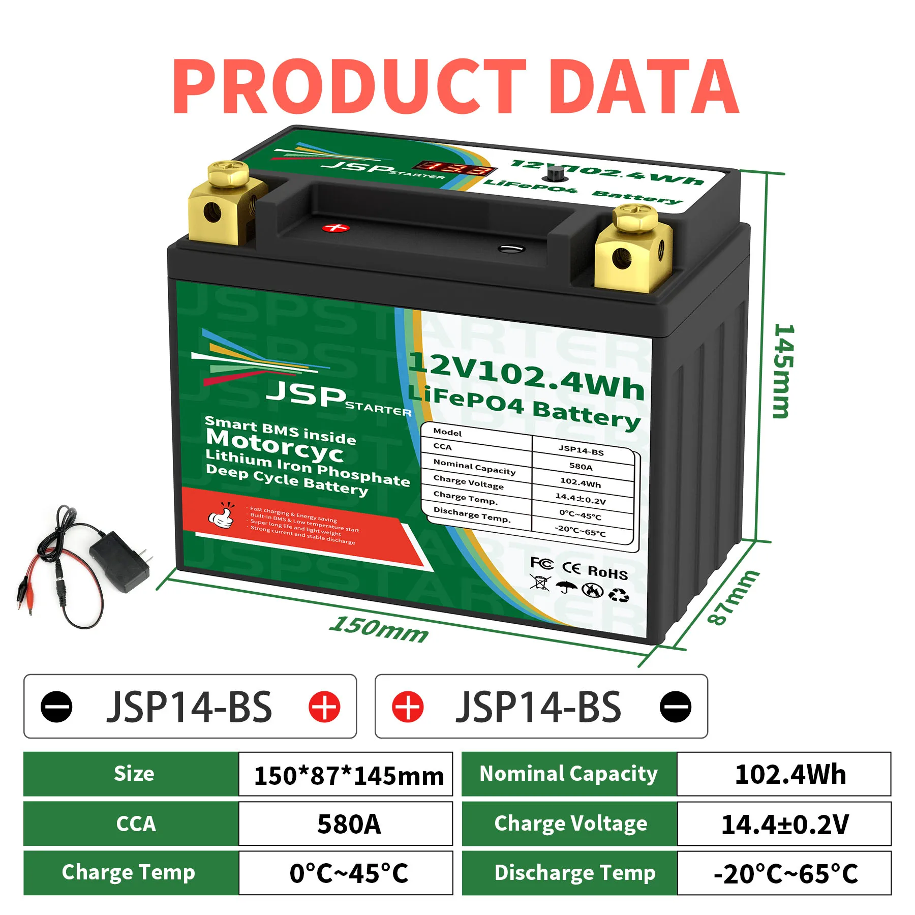 JSP14-BS 12.8V 102.4Wh CCA 580A BMS batterie de démarrage de moto 12.8V Lithium fer Phosphate Scooter LiFePO4 Batteries YTX14-BS