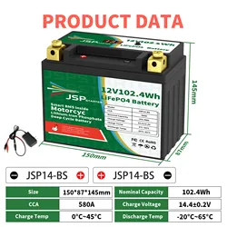 JSP14-BS 12.8V 102.4Wh CCA 580A BMS Motorcycle Start Battery 12.8V Lithium iron Phosphate Scooter LiFePO4 Batteries YTX14-BS