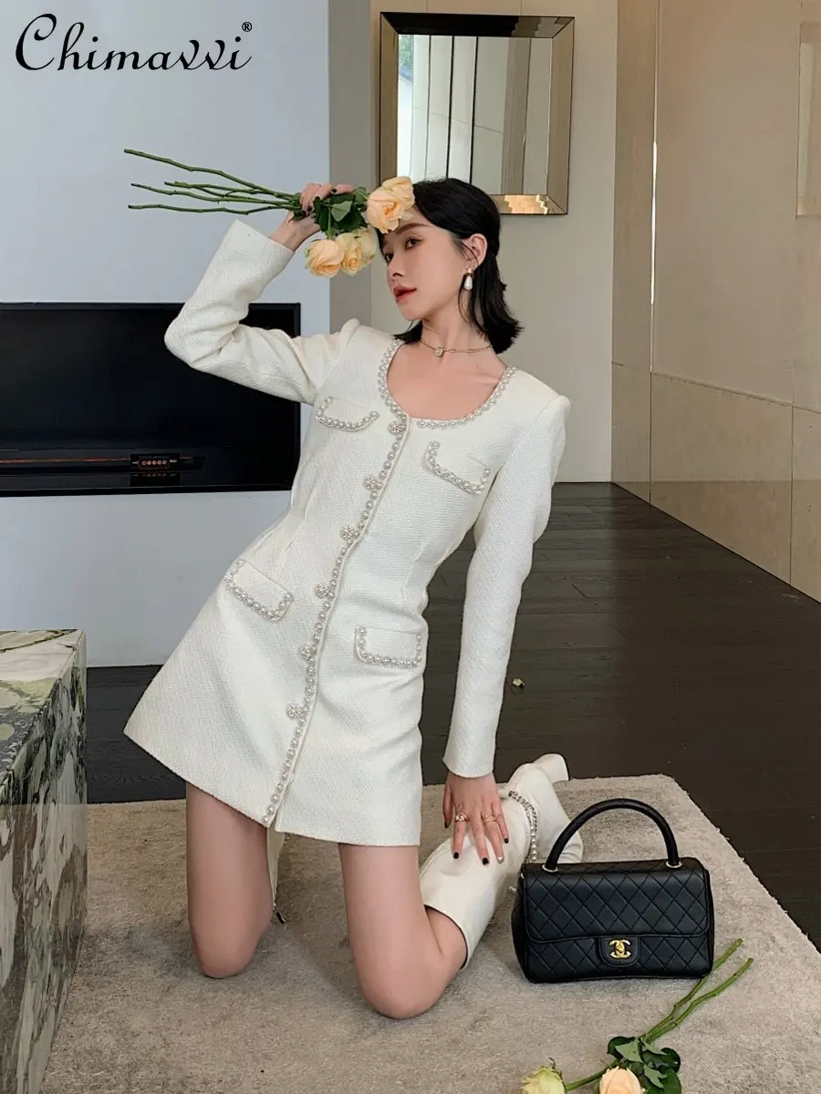 Winter New Retro Socialite Beige Handmade Beaded Coarse Woolen Long Sleeve Dress Slim Fit Temperament Commute Party Short Dress