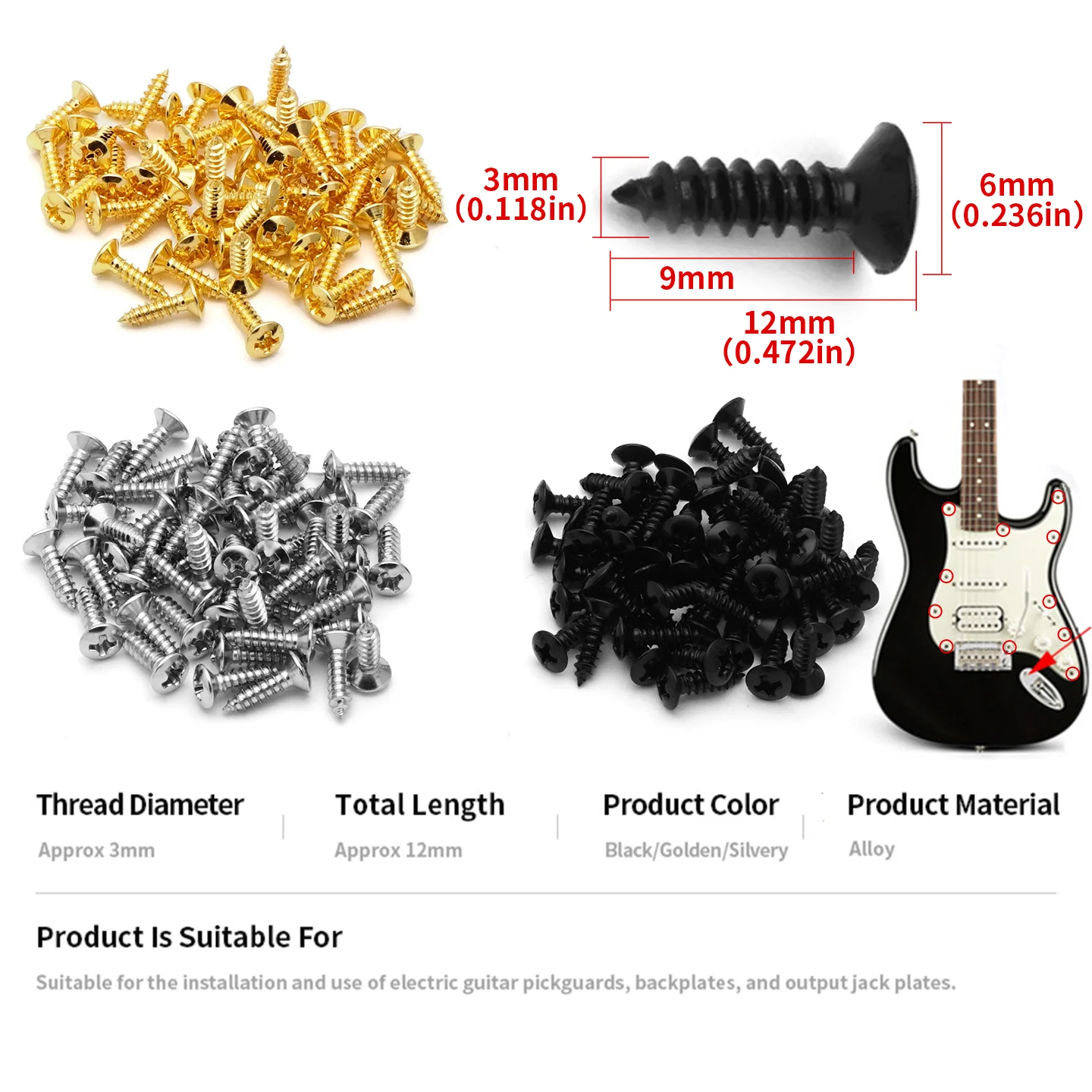 50pcs 3x12mm Electric Guitar Bass Pickguard Screws Pick Guards Scratch Plate Mounting Screws