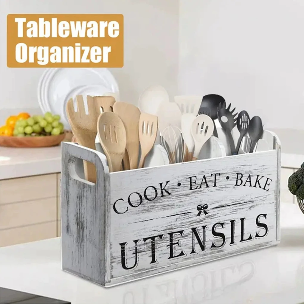 Wood Kitchen Utensils Holder 3 Compartments Tableware Organizer Stand With Drainage Holes Rustic Caddy For Spoon Fork Knife view 3