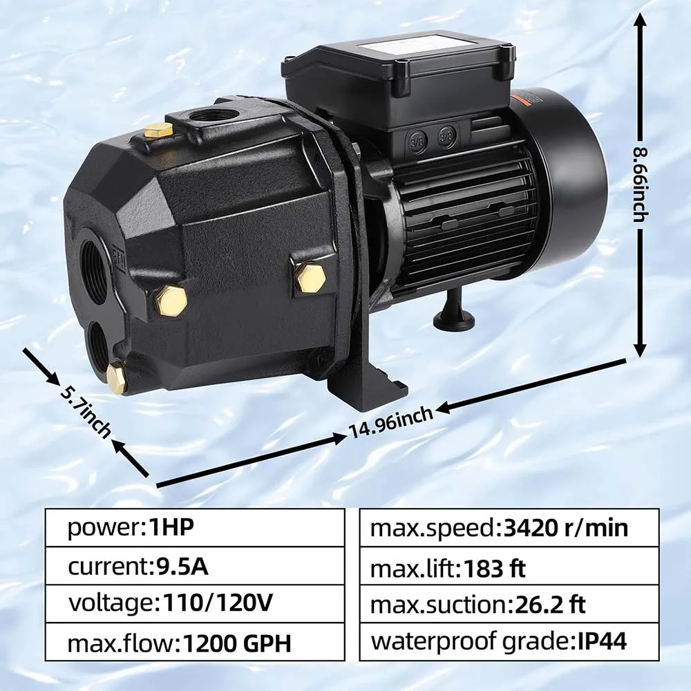 1HP Shallow Well Pump, Well Depth Up To 40ft Cast Iron Shallow Well Jet Pump With 110/120 Volt Dual Voltage, 1200GPH Max Flow Fo