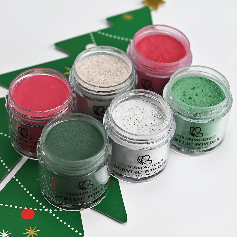Conjunto de pó acrílico para unhas, 60ml, vermelho e verde, glitter, 6 cores, polímero profissional para extensão de unhas francesas, faça você mesmo, salão de beleza