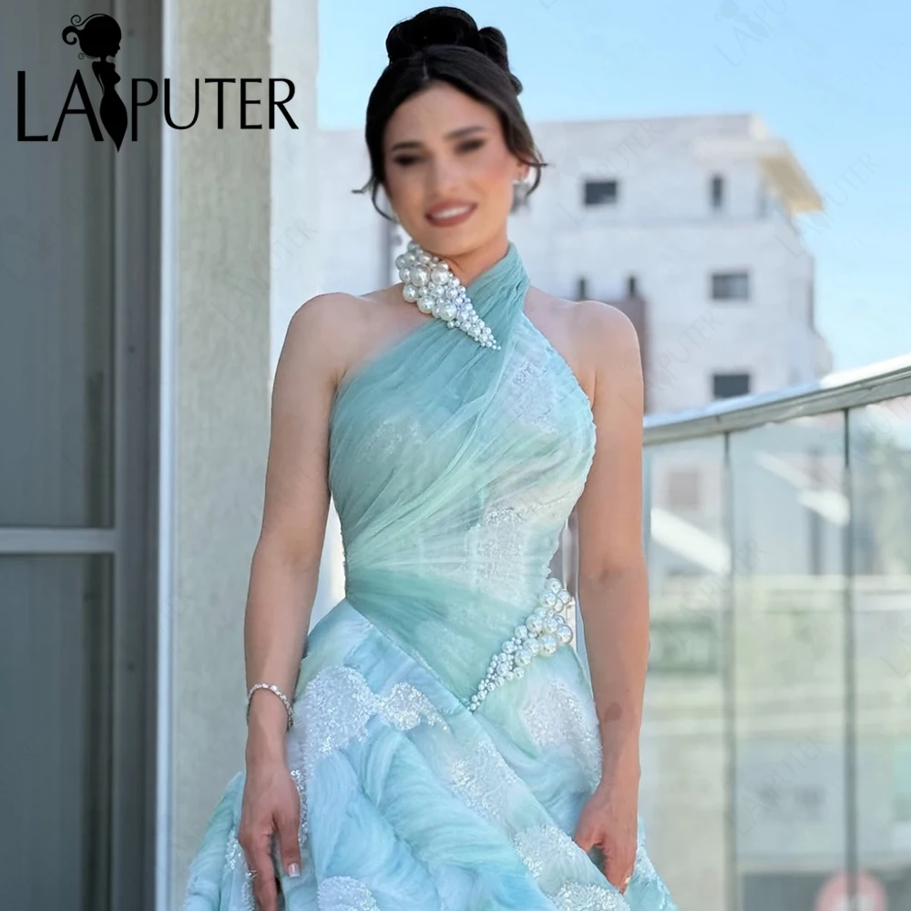 

Зеленые кружевные платья для выпускного вечера с бретелькой на шее и рюшами V-образное пышное вечернее платье Aline с большим жемчугом и бисером Платье знаменитости