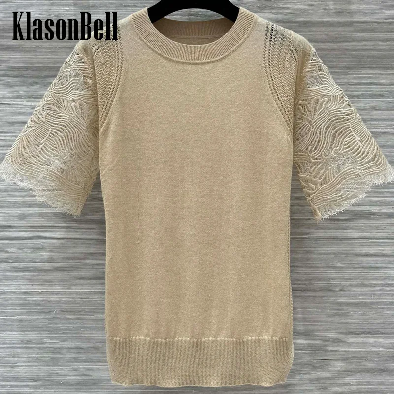 

7.25 KlasonBell Women Fashion Lace Hollow Out Embroidery Spliced Short Sleeve Knit T-Shirt Solid O-Neck Thin Soft Cashmere Tee
