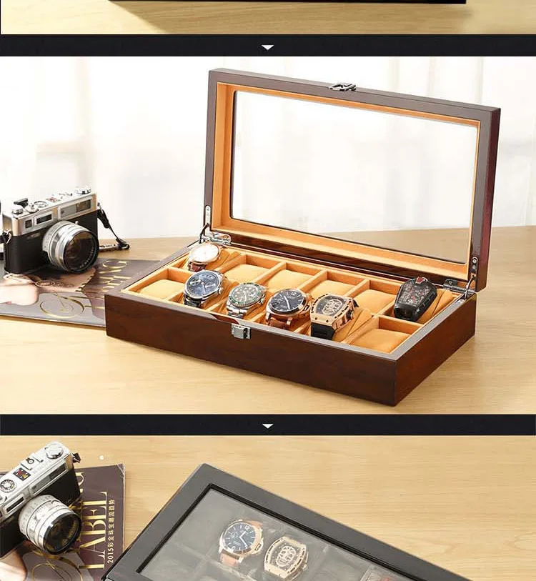M&Q Solid Wood Watch Storage Box With Clear View Window Metal Latch Handmade Wristwatch Display Organizer Watch Gift Box