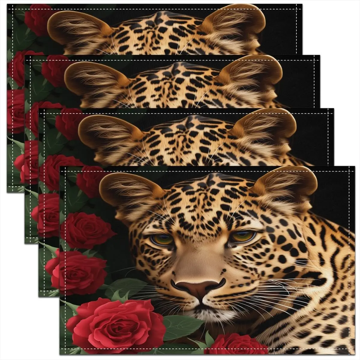 

Коврики для стола Red Rose Cheetah с романтическими цветами и котом, 12x18, набор из 4 ковриков для еды на тему животных для столовой, нескользящие