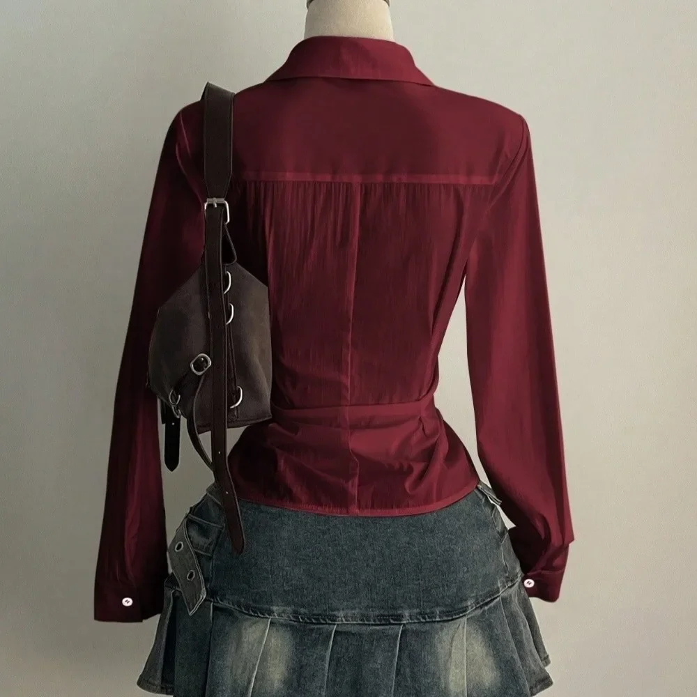Sweet Long-sleeved Slim Fit Shirt V-neck Y2K Women Tie-Waist Shirt Harajuku Office Aesthetic Blouse Spring Summer