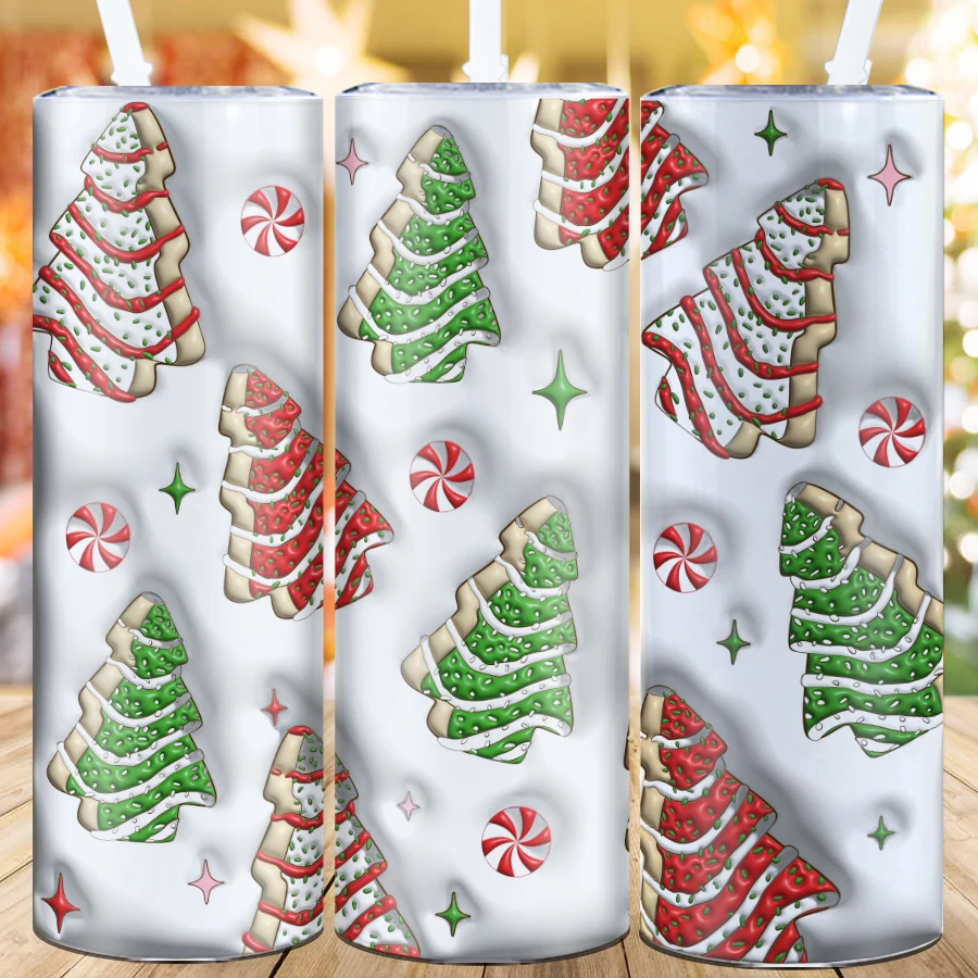 1Pc 20oz 3D Print Christmas Tree Tumblers Straw Lid Stainless Steel Hot Cold Insulated Mugs Print Festive Party Decor Tumblers