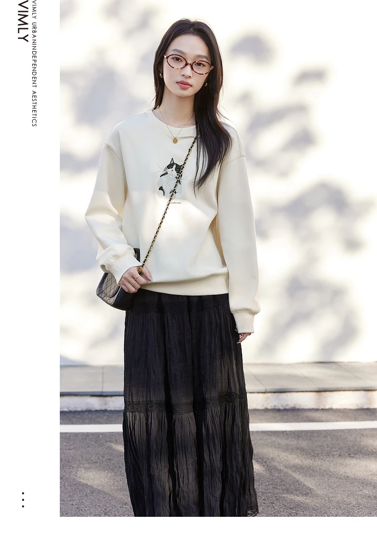 VIMLY Women's Sweatshirt 2025 Spring Autumn Cute Cat Print Loose Pullover Crew Neck Long Sleeve Top Female Clothes A0503