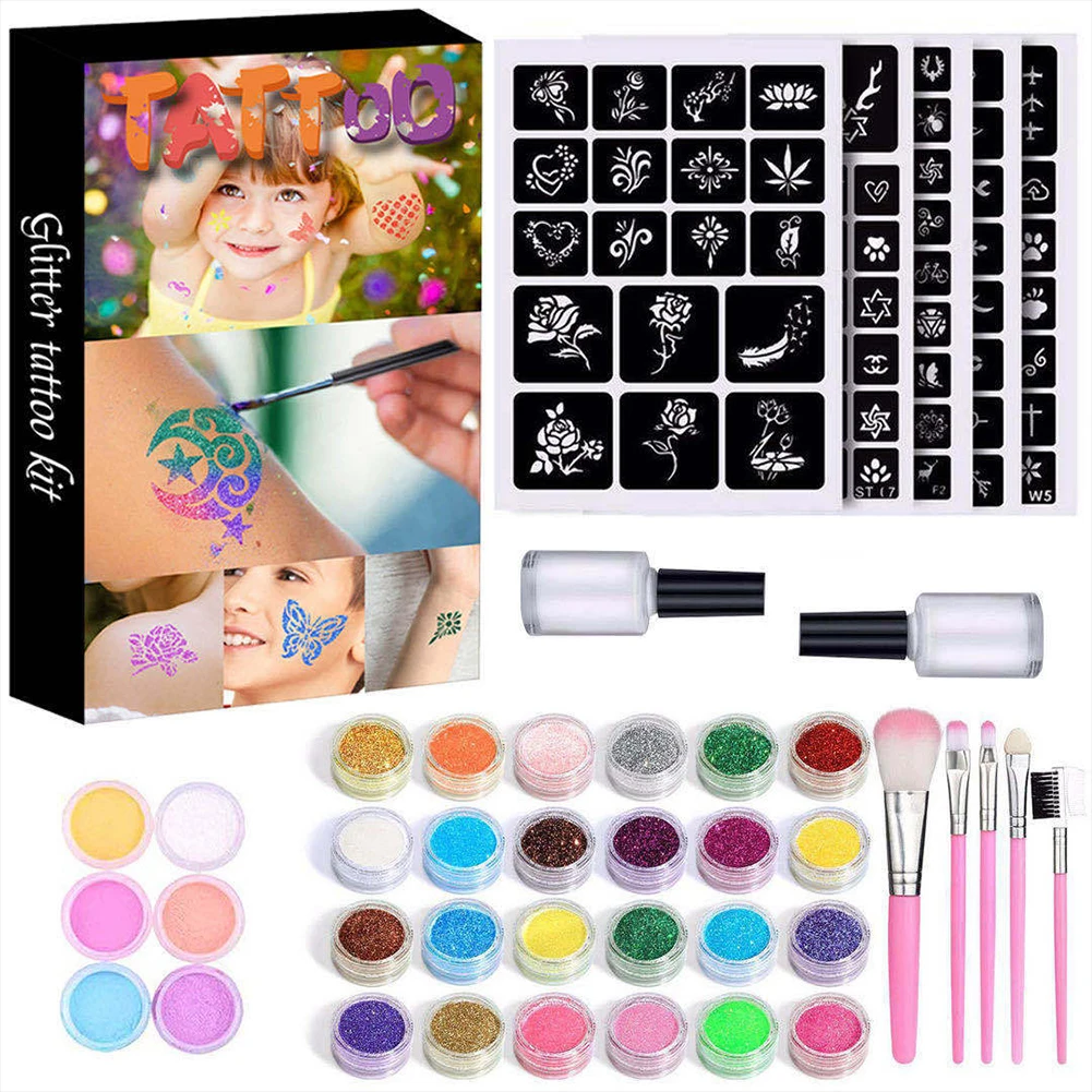 30 Colors Diamond Glitter Art Charm Luminous Tattoo Set Glitter Powder Sticker Makeup Brush Temporary Tattoo Set For Women Kids