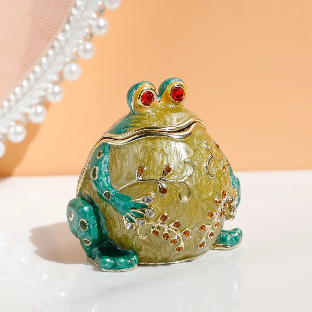 1pc Hand Painted Hinged Frog Trinket Jewelry Box Crystal Jeweled Small Cute Frog Animal Figurines Collectible