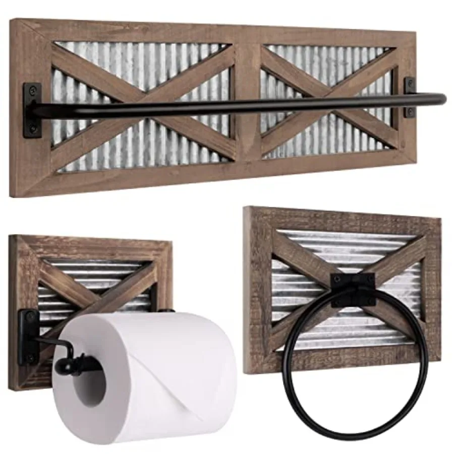 

Farmhouse Toilet Paper Holder, Towel Ring Rack Set, 3PCS Wall Mount for Bathroom Decor, Rustic Wooden, Brown