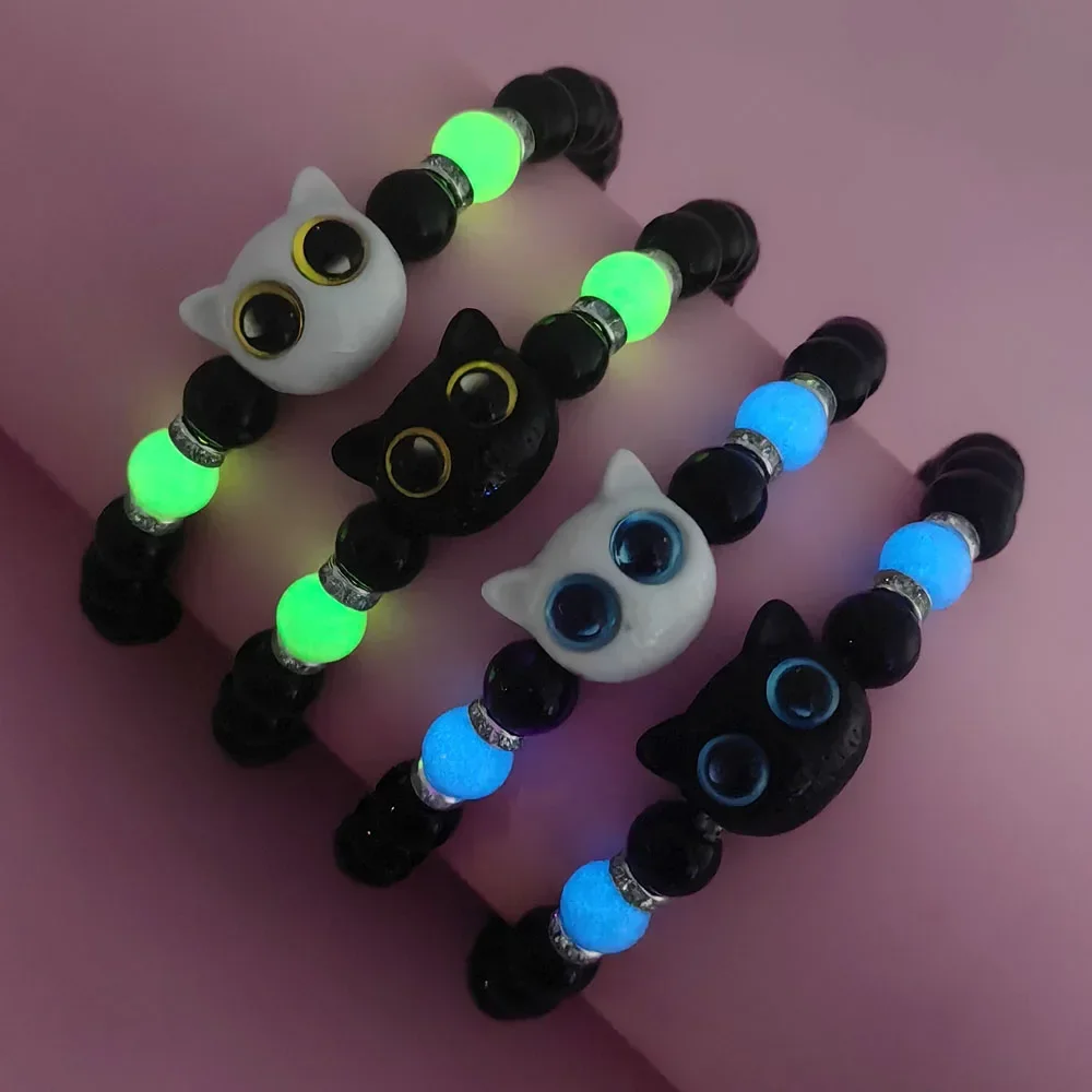 2Pcs/set Cute Big Eye Cat Luminous Bracelets For Girls Cartoon Animal Beaded Hand Chain Friendship Couple Bracelet Jewelry Gift