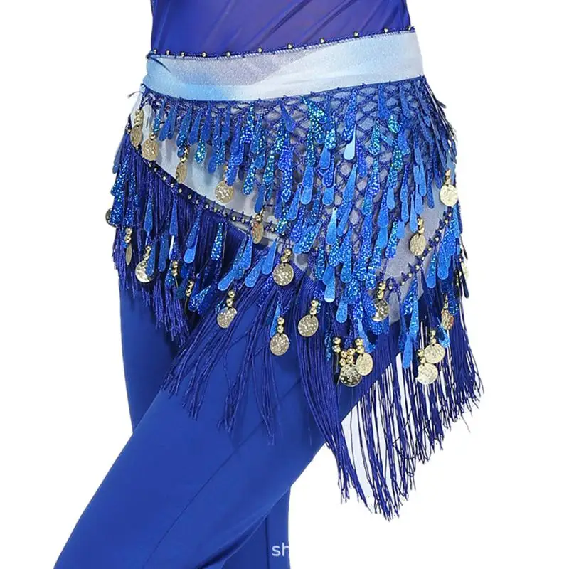 Women Tassel Belly Dance Triangle Hip Scarf Wrap Sequin Mini Skirt Carnival Belt Stage Performance Rave Waist Chain Costume