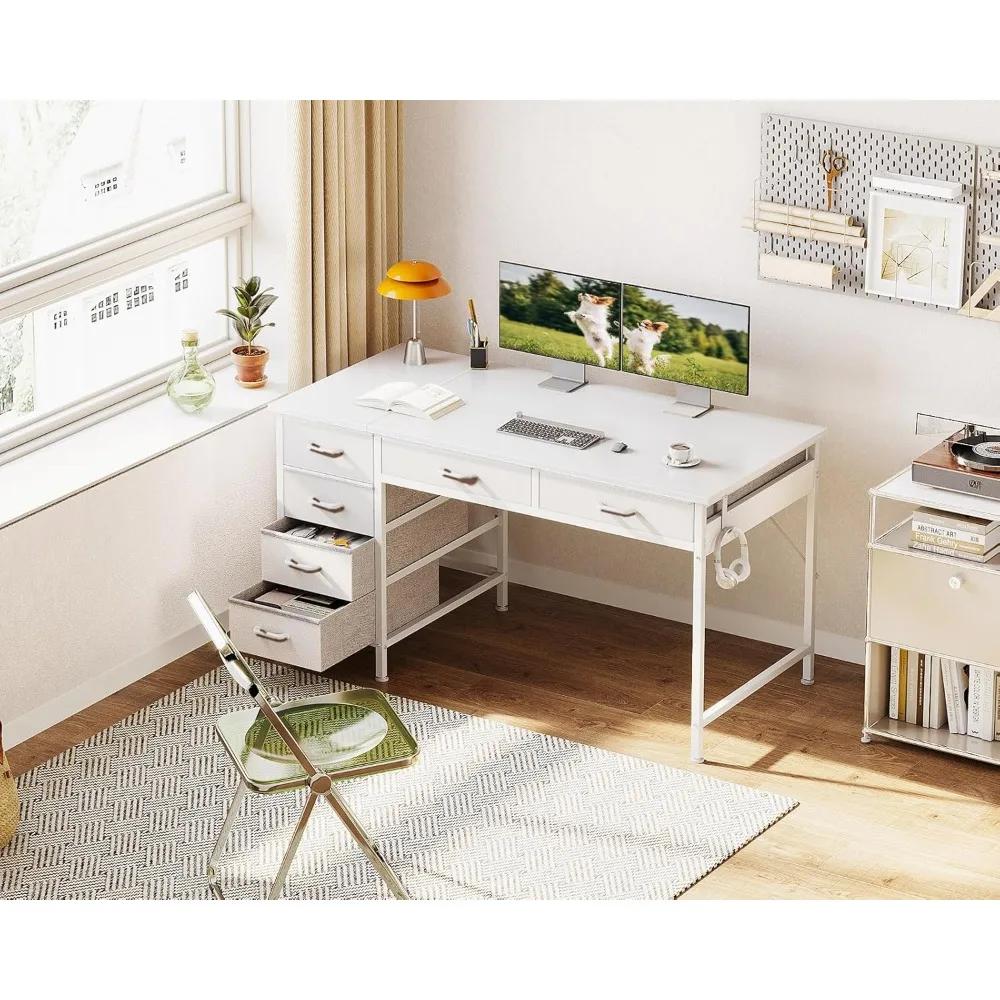 مكتب مكتب مقاس 48 بوصة مع 6 أدراج، تصميم قابل للعكس للمكتب المنزلي، طاولة دراسة باللون الأبيض