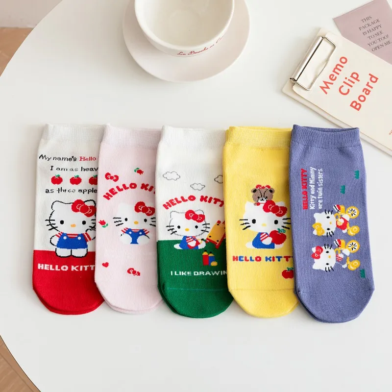 

5pair Kawaii Sanrio Anime Hello Kittys Cartoon Print Colourful Pure Cotton Knitted Boat Socks Surprise Birthday Christmas Gifts