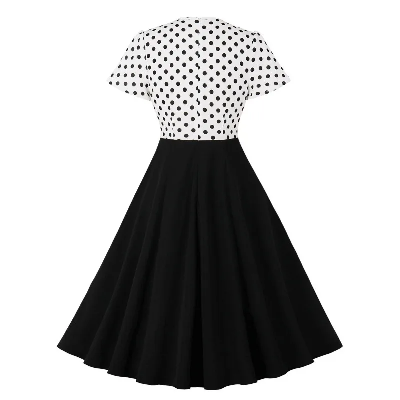 2024 New Hepburn Polka Dot White and Black Vintage Women Swing Summer Dress Tie Neck Keyhole Front High Waist 50s Ladies Dresses