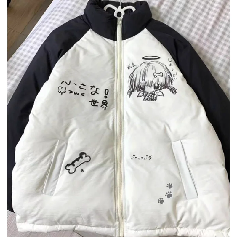 เสื้อโค้ทซิปสไตล์ญี่ปุ่นน่ารักสำหรับผู้หญิง แขนยาว พิมพ์ลายการ์ตูน สไตล์หวาน เสื้อผ้าน่ารัก สไตล์ฮาราจูกุ เสื้อพาร์กาสำหรับฤดูใบไม้ร่วง