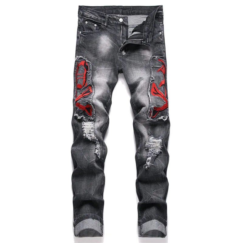 

New Punk Style Street Black Ripped Jeans Embroidered Patch Men's Denim Hip Hop Pants Mid-Waist Stretch Clothing