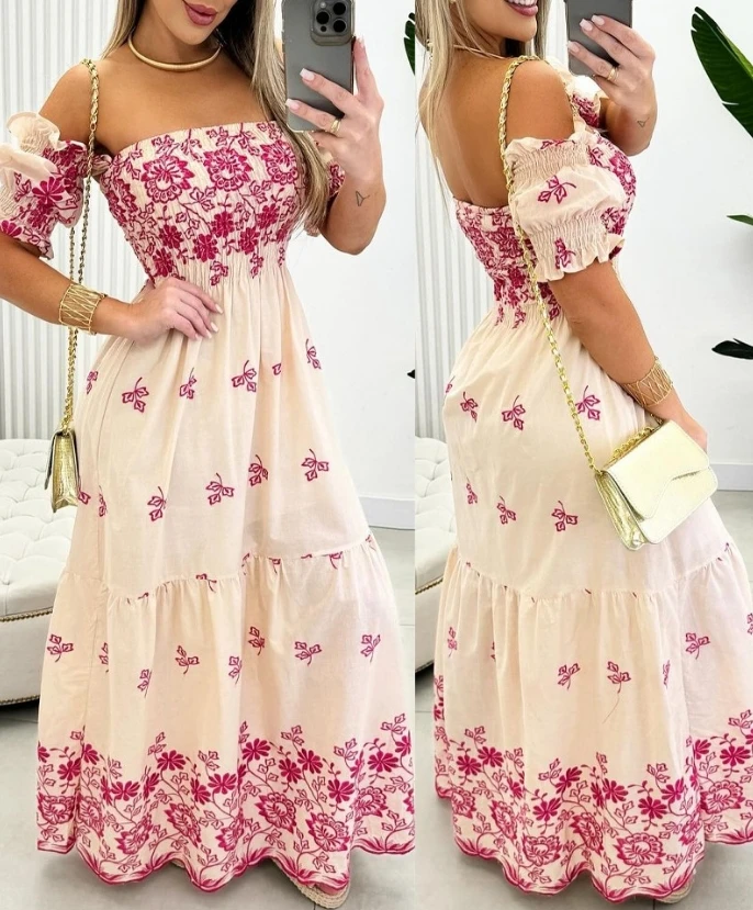 

Women's Evening Dress 2024 Spring/summer Latest Floral Print Shirred Off Shoulder Short Sleep Daily Vacation Smock Maxi Skirt