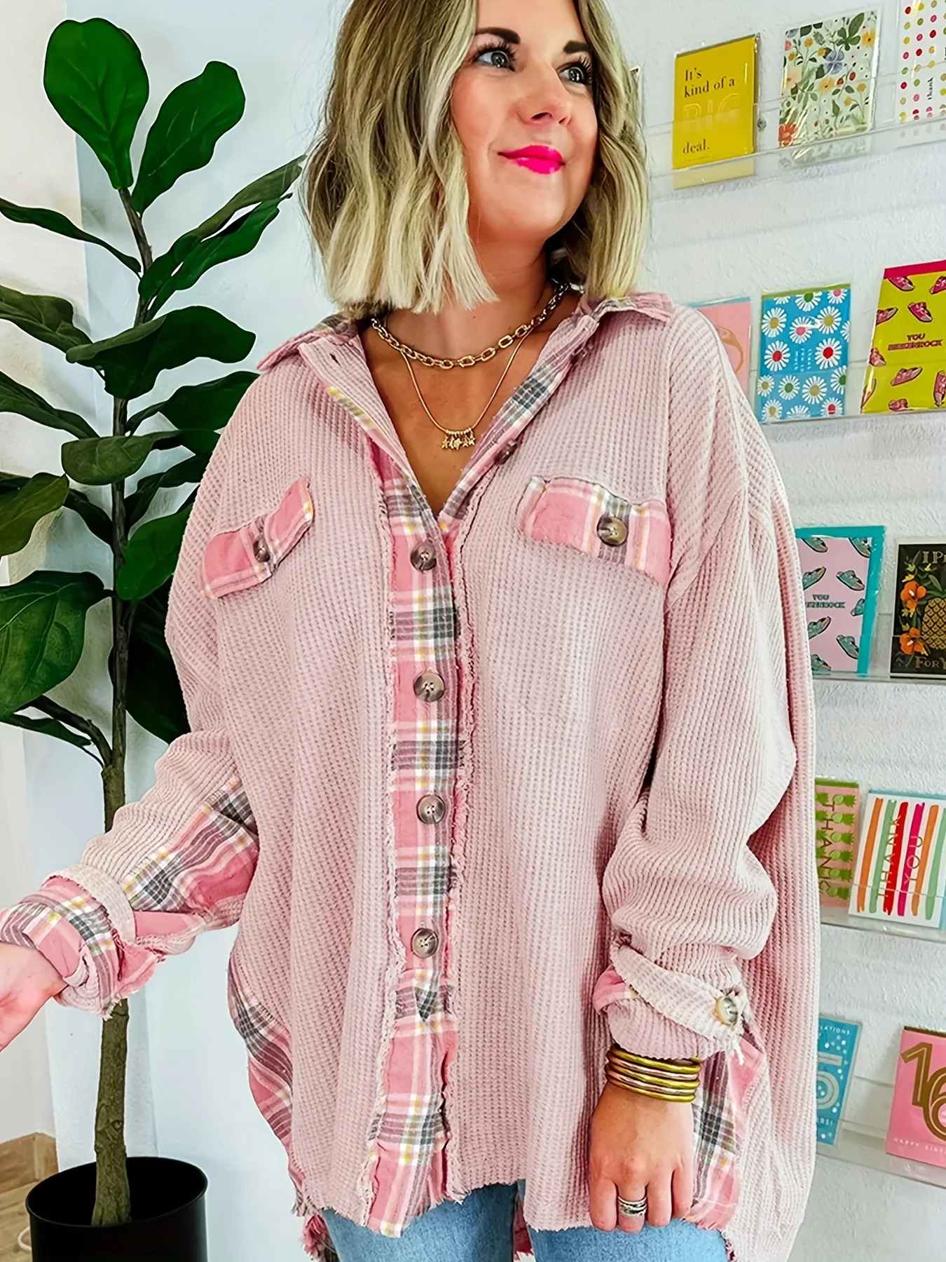

Women's Pink Waffle Plaid Patchwork Shirt - Oversized Button Down Blouse with Raw Edge Hem, Casual Fall Top