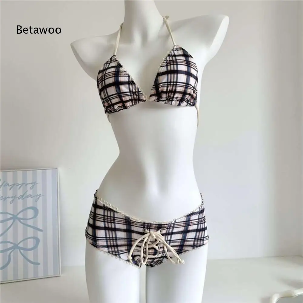 

Classic Plaid Halter String Triangle Drawstring Bikini Bathing Suit