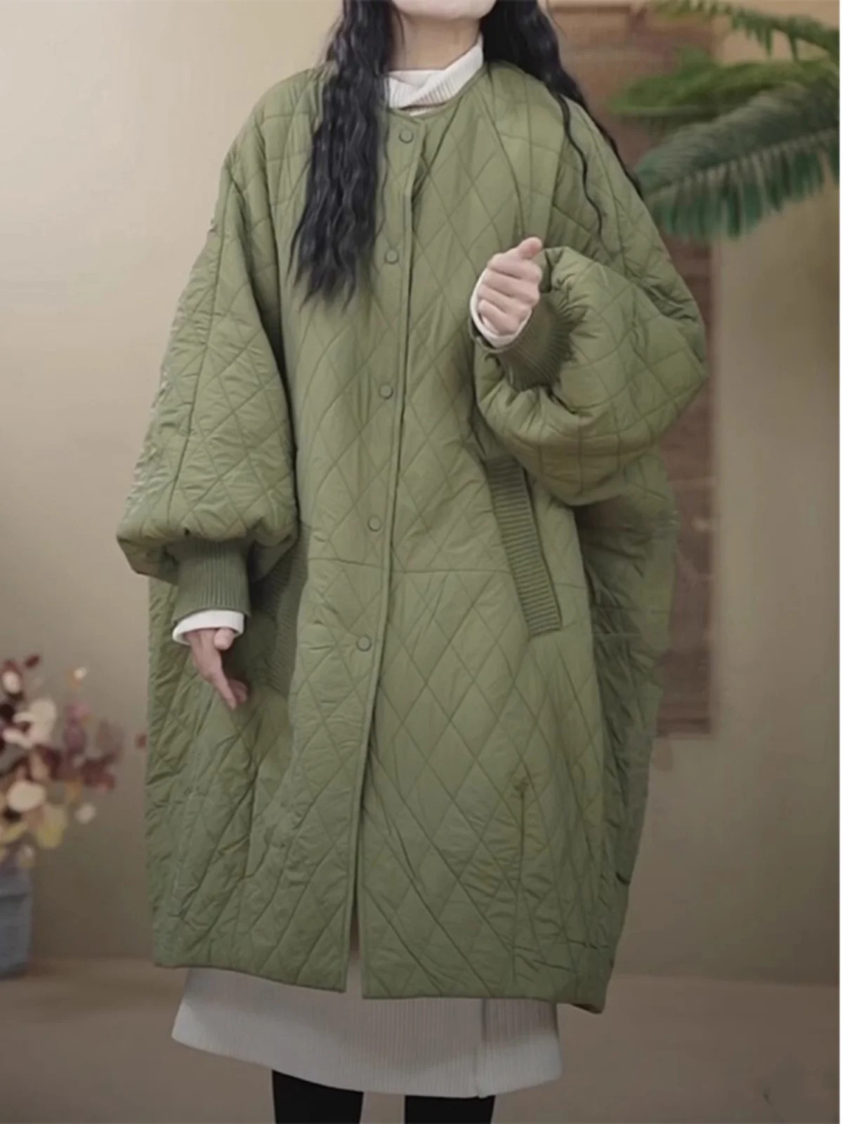 

Женская длинная легкая пуховая куртка из хлопка с вышивкой ромбовидным узором, осенне-зимнее пальто с круглым вырезом и пуговицами