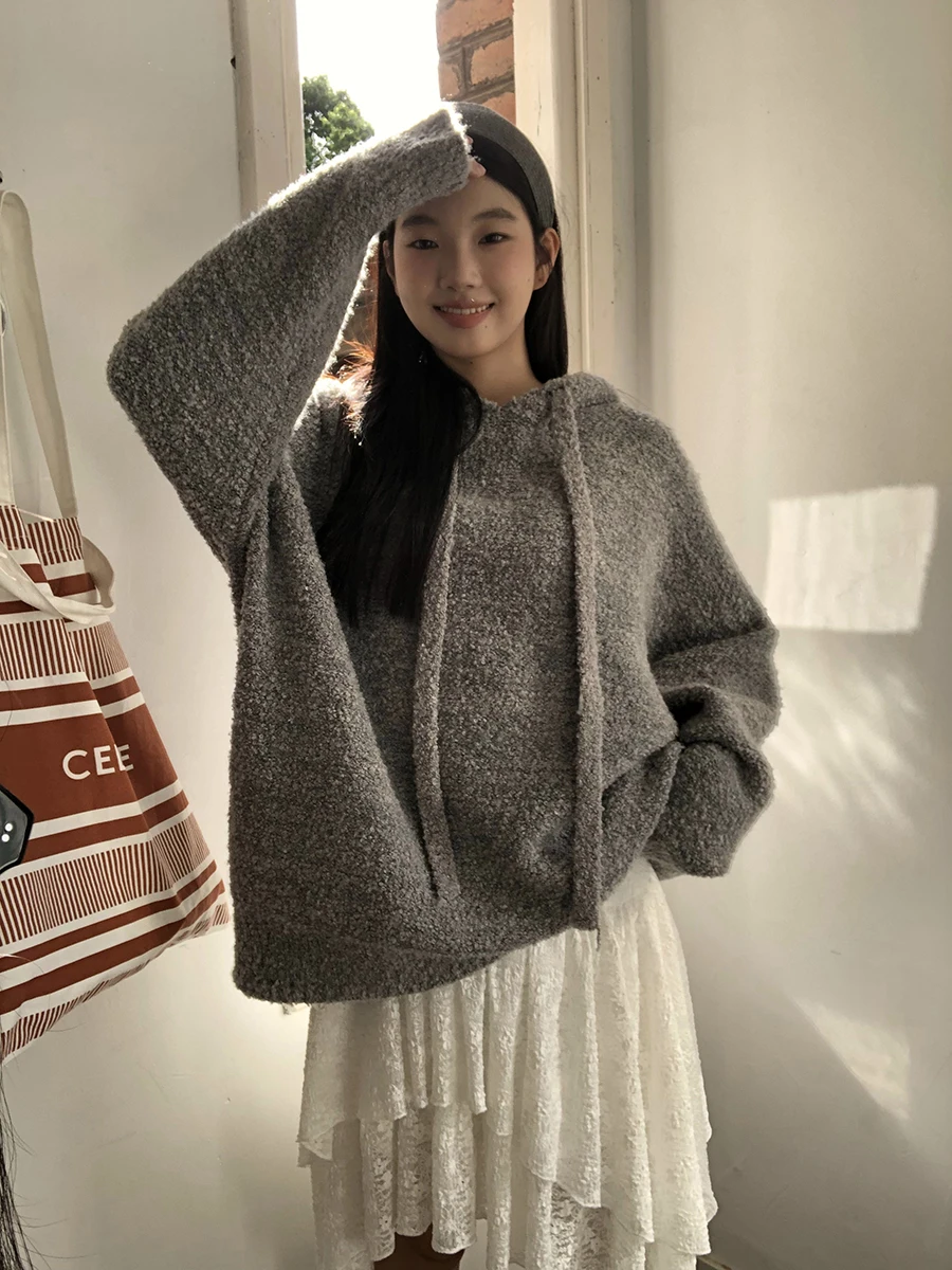 

ay Woolen Hoodie Women's Lazy Sle Knitted Sweater Autumn Winter New Arrival G Red Celebri Faion Commute Straight Tube