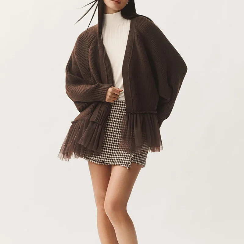 

Осень-зима 202, новые вязаные кардиганы с кружевным подолом, женские однотонные свободные теплые свитера, пальто, элегантное повседневное пальто для поездок на работу