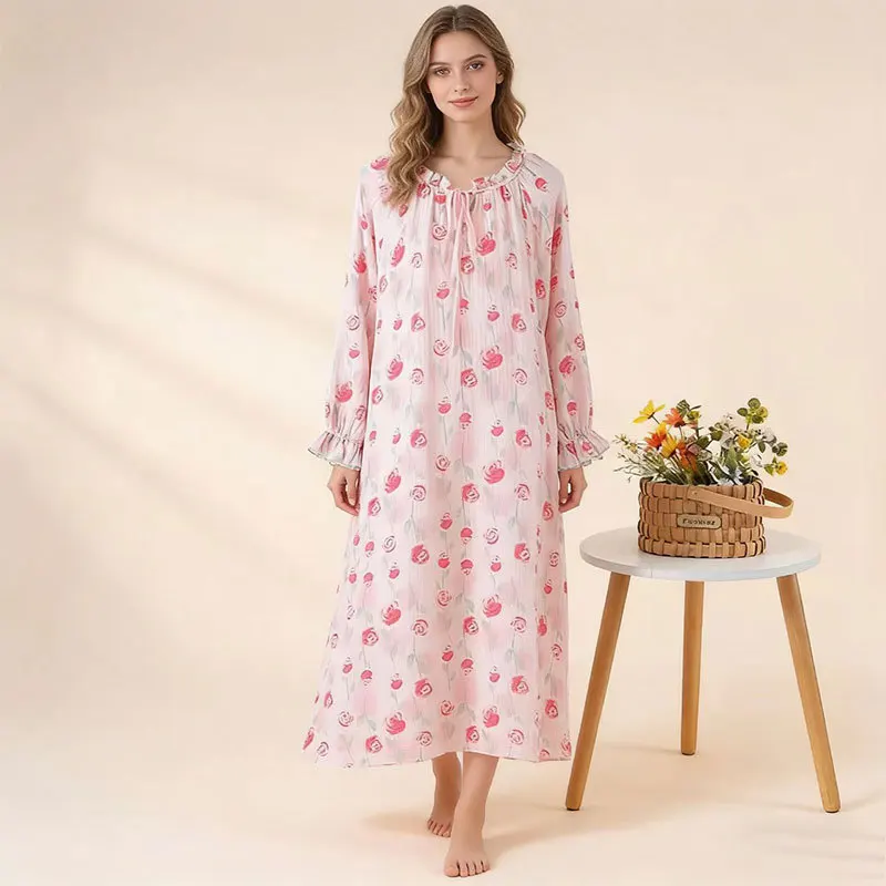 

Women's 100% Cotton Nightgown Soft Floral Print Sleepshirt Long Sleeve Sweet Lace Up Round Collar Loose Home Sleep Dress
