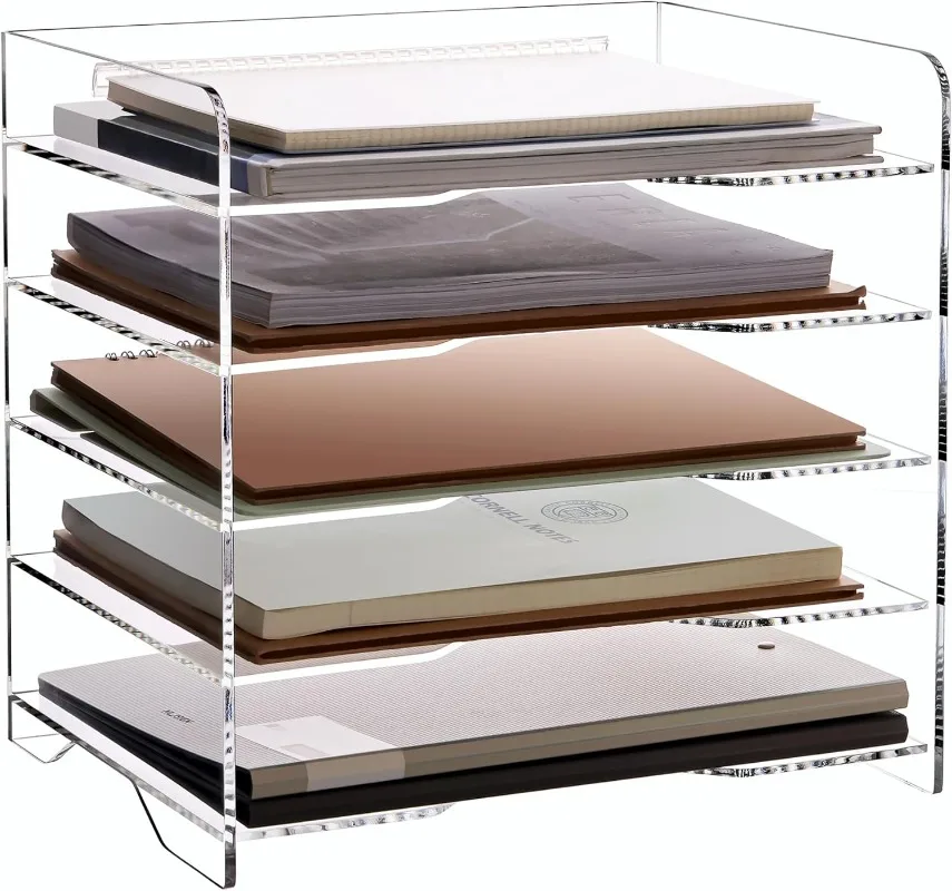 Acrylic Desk File Organizer 5 Tier Letter Tray Paper Organizer with Handle for Office, Home, Classroom Clear Desk Organiz