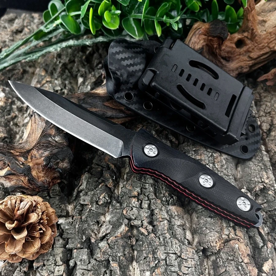 113 سكين مستقيم صغير من الفولاذ المقاوم للصدأ باللون الأسود - مقبض 7Cr13Mov Blade G10 مناسب للبقاء في الهواء الطلق وقطع الحبال #4