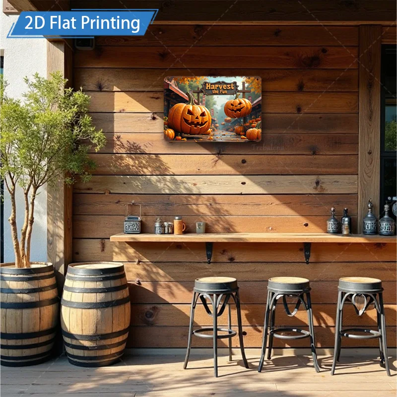 1pc 8x12inch Metal Sign "Harvest Fun Pumpkin Scene Metal Sign - Rustic Farmhouse Decor"