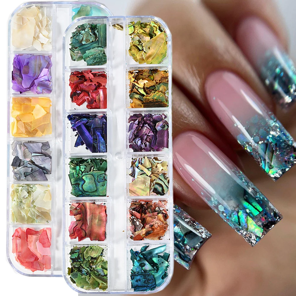 12 siatek 3D nieregularne ulotki muszli Abalone paznokcie Charms naturalne płatki muszli Aurora holograficzne sztuki muszli zawieszki do paznokci TY