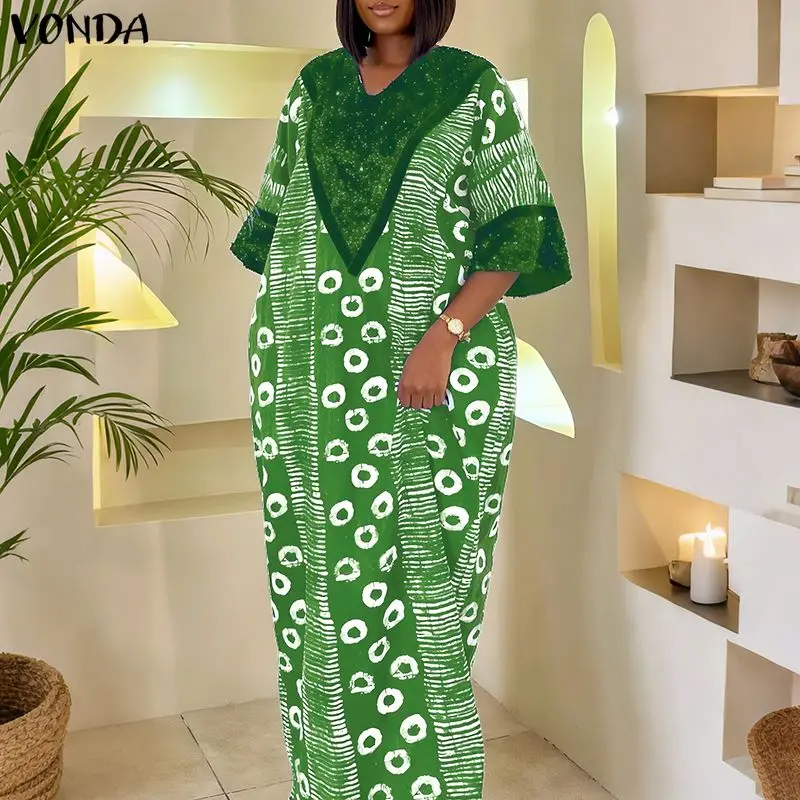 Plus Size VONDA Women Bohemian Long Dress Sequins Patchwork Maxi Vestidos 2025 Casual Printing Vintage Autumn Loose Party Robe