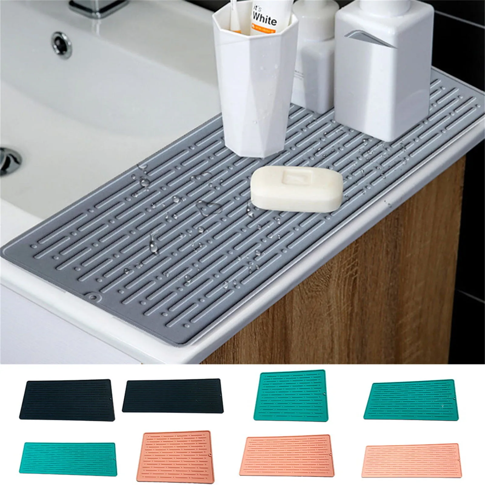 Silicone Dish Drying Mat Built in Drain Lip Hygienic Drying Pad Easy To Clean Tray Protects Surfaces Prevents Water Build Up