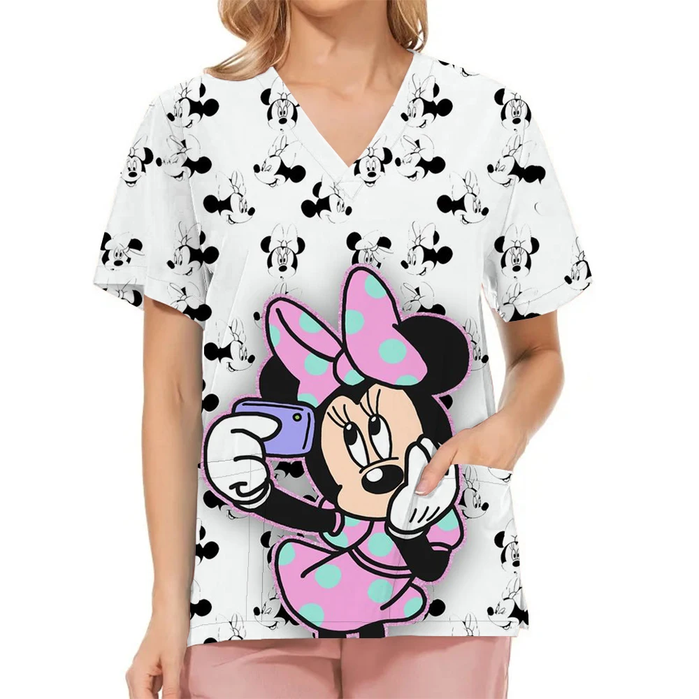 V Neck Top Women 2024 Mickey T-shirt Disney Shirts Summer Hospital T-shirts Nurse Uniform Woman Clothes Minnie Mouse Tops Pocket