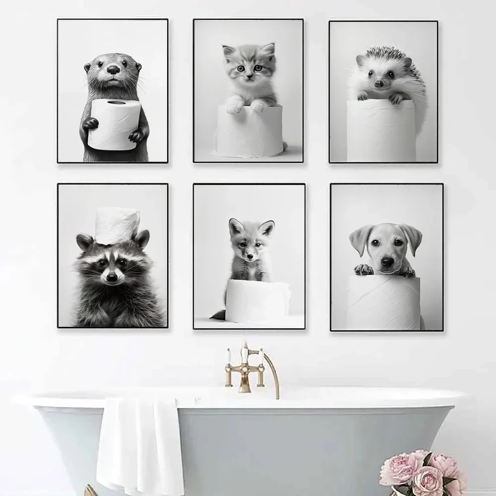 Black and White Funny Bathroom Animal Posters Nordic Otter Fox Puppy Print Canvas Painting Toilet Sink Wall Art Pictures Decor