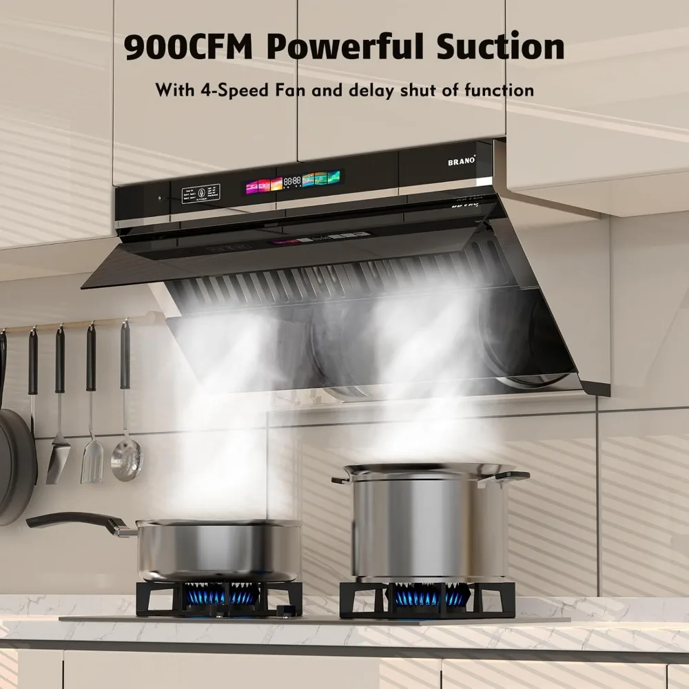 30 Inch Range Hood, 900 CFM Kitchen Hood with Voice/Gesture/Touch Control,Ducted/Ductless Convertiblem4 Speed Exhaust Fan