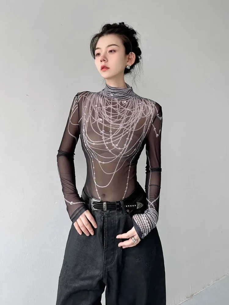 3D Pearl Print Half-high Collar T-shirts Spring New Slim Fit See Through Mesh Tees Y2k E-Girl Long Sleeve Bottoming Tops Women