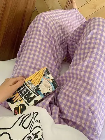 코튼 와이드 레그 팬츠 여성 여름 얇은 새 홈웨어 캐주얼 루즈 BF 레이지 스타일 프린트 하이웨이스트 나인 포인트